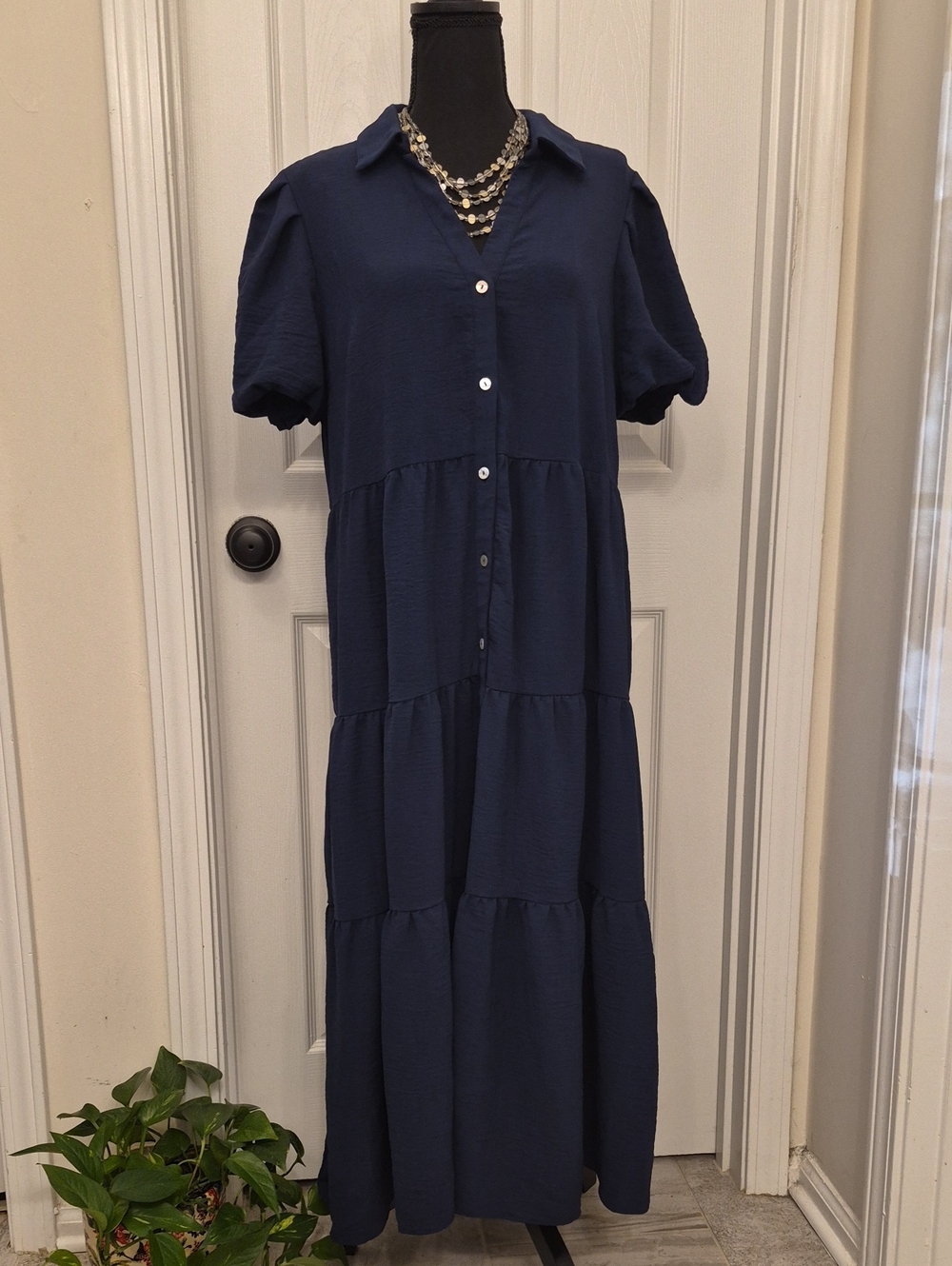 MSK Navy Tiered Button-Front Maxi Dress